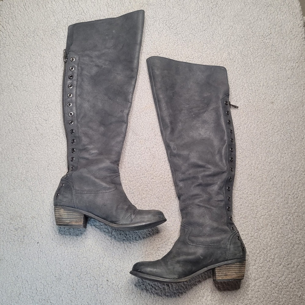 Naughty Monkey Boots 9 Black Leather OTK Grommet Rocker Biker Moto Boho Tall